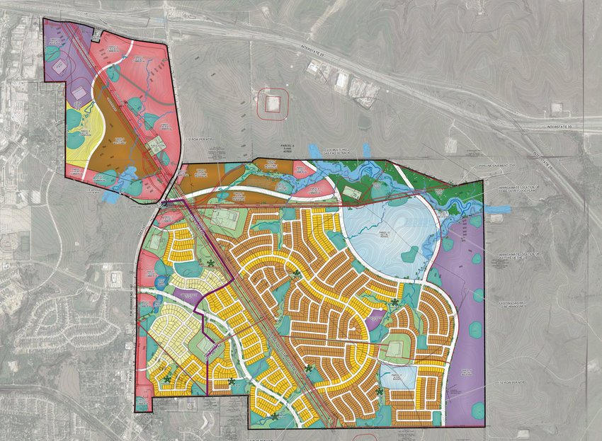 This graphic shows FM 1187 running north-and-south splitting the overall 1,495-acre Dean Ranch first phase. The large light-blue area at the upper-right portion of the development is a site donated for a high school. The area at the bottom to the left of the heavy purple line is City of Aledo. The remainder, including the portion on the west side of FM 1187, will be City of FOrt Worth.